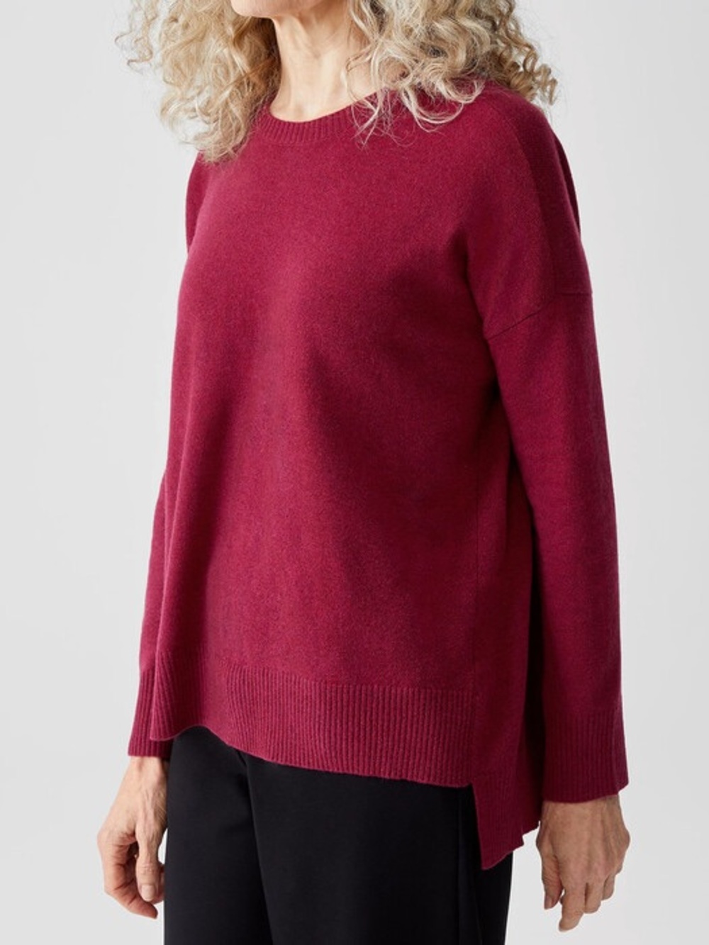 Eileen Fisher 100% Cashmere Crew Neck Sweater Wine Oversized Boxy Quiet Luxury